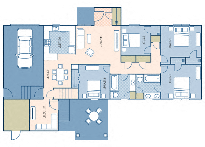 Floor plan for 4 beds, 2 baths, 1360 sqft